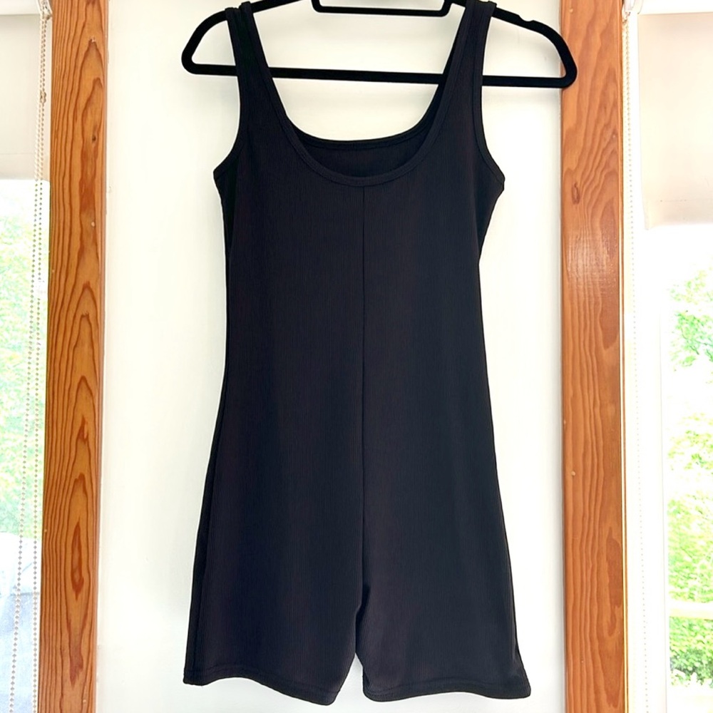 Black Ribbed One Piece Workout Bodysuit Bike Suit Active